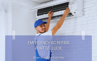 AC technician in blue uniform repairs a wall-mounted air conditioner on a white brick wall; emergency AC repair service ad for Port St. Lucie