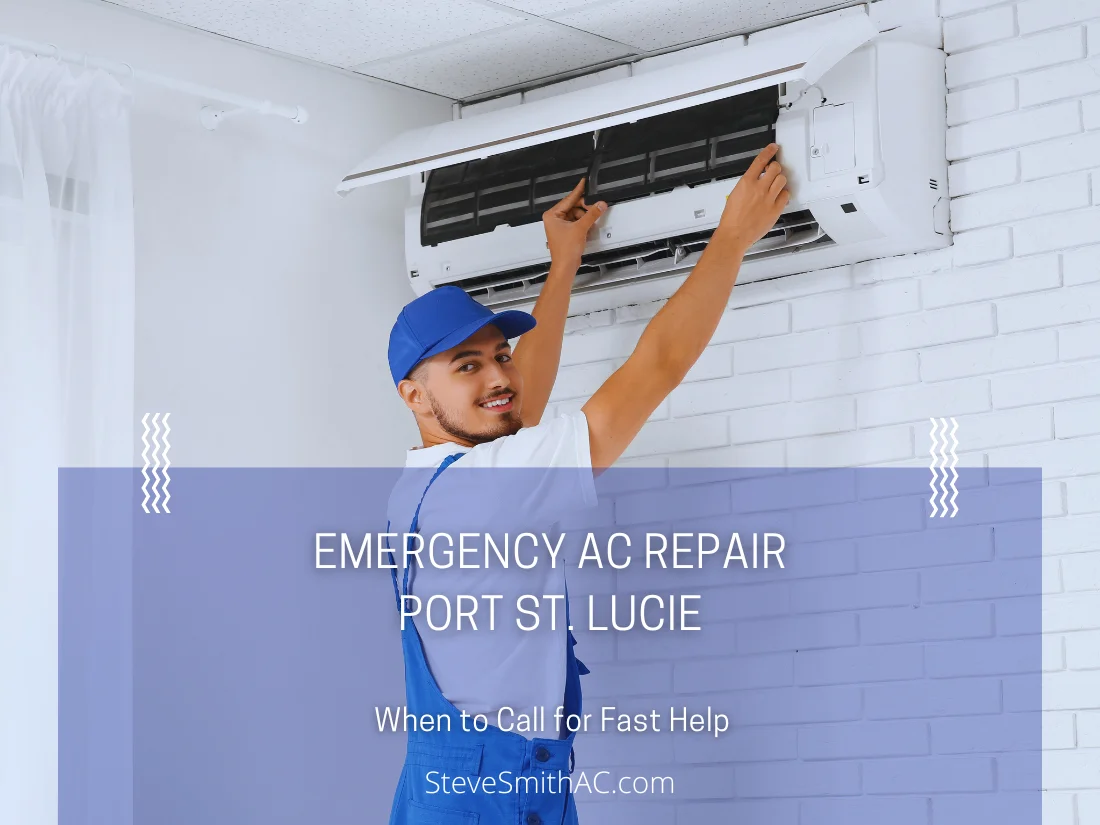 ac-repair-port-st-lucie AC technician in blue uniform repairs a wall-mounted air conditioner on a white brick wall; emergency AC repair service ad for Port St. Lucie